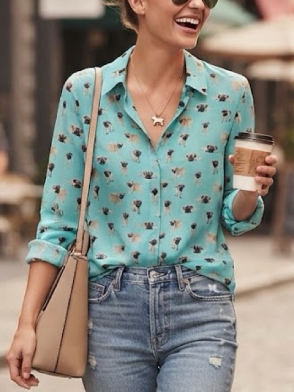 Alice + Olivia Turquoise Blue Pug Dog Print Silk Blend Long Sleeve Blouse XS